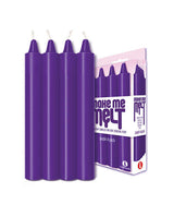 Make Me Melt Sensual Warm-Drip Candles Purple Pack of 4 in packaging and displayed on a white background.