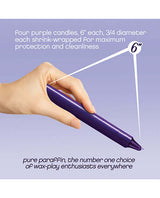 Make Me Melt Sensual Warm-Drip Candles Purple Pack of 4 with hand showing candle dimensions and features