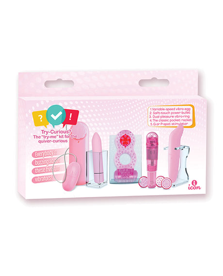 Icon Brands Try Curious 5 Piece Vibrator Kit Pink packaging featuring five pink vibrators for exploration and pleasure.