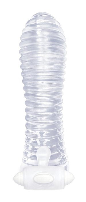 The 9's Vibrating Sextenders Ribbed Penis Extension for length, girth, and stimulation.