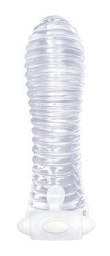 The 9's Vibrating Sextenders Ribbed Penis Extension for length, girth, and stimulation.