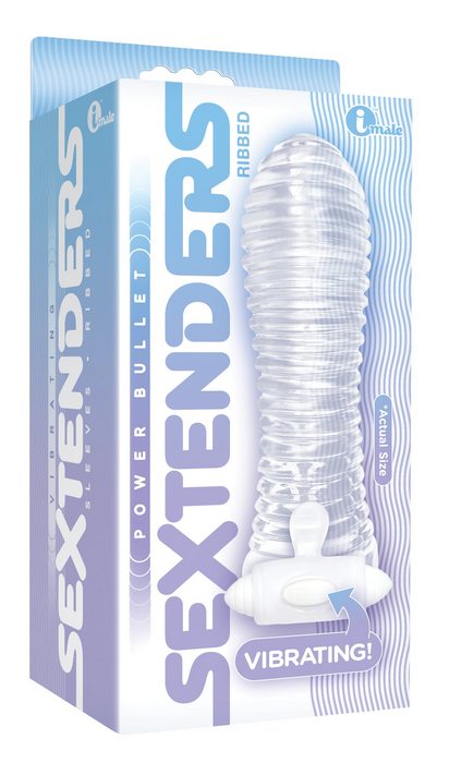 The 9's Vibrating Sextenders Ribbed Penis Extension in packaging showcasing ribbed texture and vibrating feature.