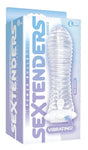 The 9's Vibrating Sextenders Ribbed Penis Extension in packaging showcasing ribbed texture and vibrating feature.