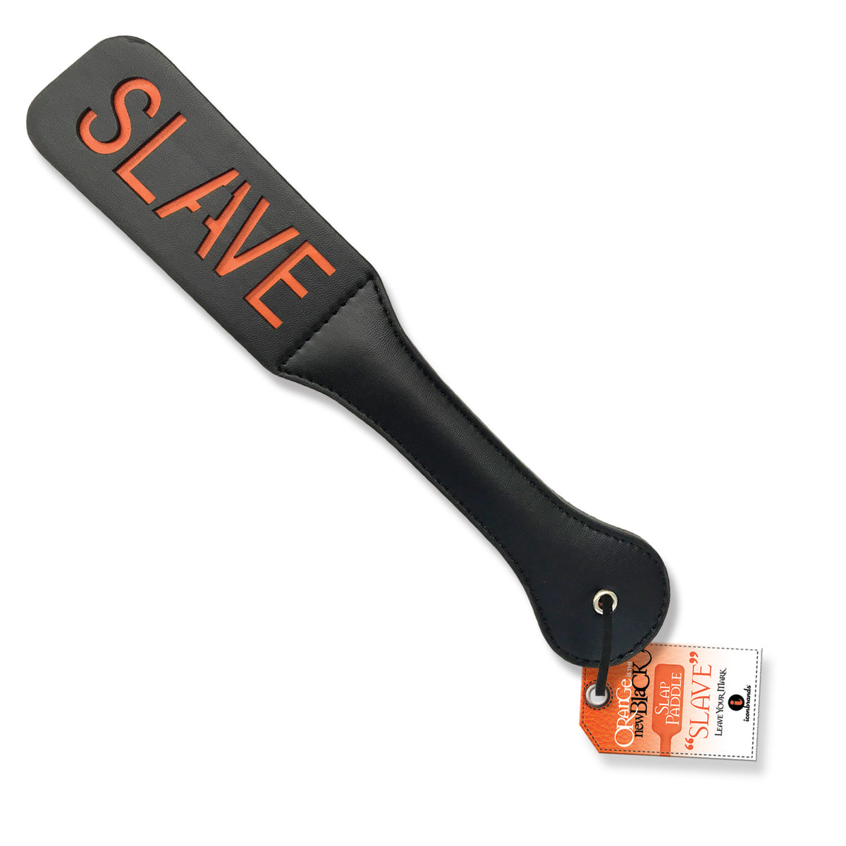Orange Is The New Black Slave Slap Paddle featuring bold 'SLAVE' lettering on genuine leather design.