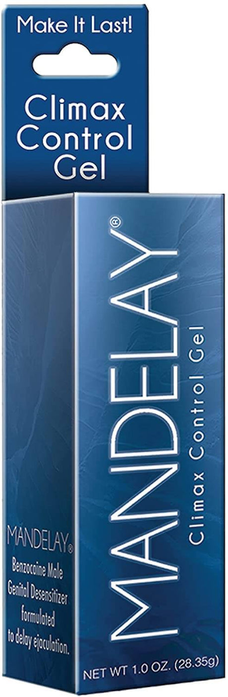 Mandelay Climax Control Gel for Men 1 Oz product packaging showcasing benzocaine desensitizer for delayed ejaculation.