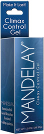 Mandelay Climax Control Gel for Men 1 Oz product packaging showcasing benzocaine desensitizer for delayed ejaculation.