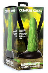 Radioactive Reptile Thick Scaly Silicone Dildo Green packaging showcasing its textured design and vibrant color.