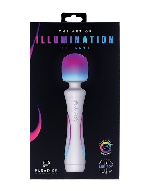 Illumination THE Wand Massager White packaging featuring elegant design and customizable LED lighting.