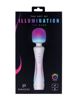 Illumination THE Wand Massager White packaging featuring elegant design and customizable LED lighting.