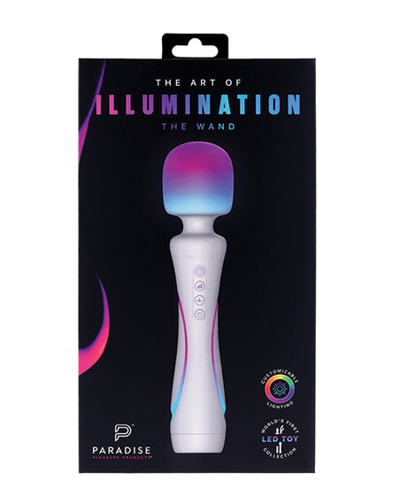 Illumination THE Wand Massager White packaging featuring elegant design and customizable LED lighting.