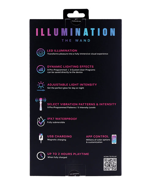 Illumination THE Wand Massager White packaging features LED illumination, customizable lighting, and vibration settings.