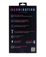 Illumination THE Wand Massager White packaging features LED illumination, customizable lighting, and vibration settings.