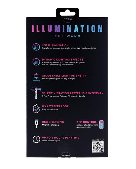 Illumination THE Wand Massager White packaging features LED illumination, customizable lighting, and vibration settings.