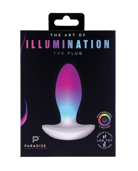 Illumination THE Plug Vibrator White packaging featuring customizable lighting design and elegant aesthetics.