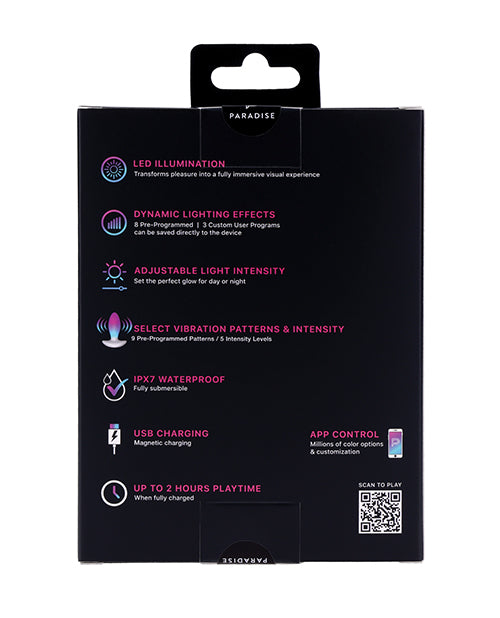 Back packaging of Illumination THE Plug Vibrator White highlighting features like LED illumination and adjustable light intensity.