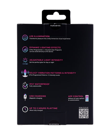 Back packaging of Illumination THE Plug Vibrator White highlighting features like LED illumination and adjustable light intensity.