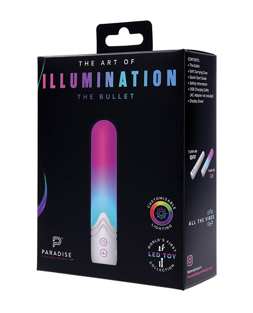 Illumination THE Bullet Vibrator White packaging featuring customizable LED lighting and sleek design.