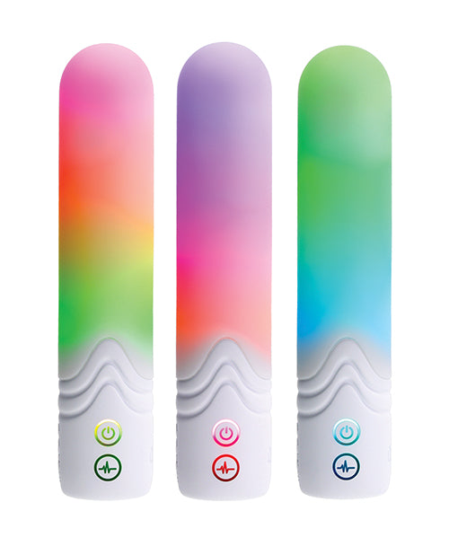 Illumination THE Bullet Vibrator White in vibrant colors of pink, purple, and green with customizable LED lights.