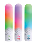 Illumination THE Bullet Vibrator White in vibrant colors of pink, purple, and green with customizable LED lights.