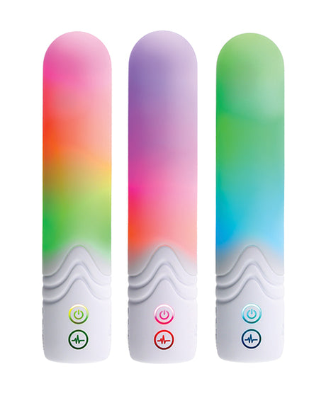 Illumination THE Bullet Vibrator White in vibrant colors of pink, purple, and green with customizable LED lights.