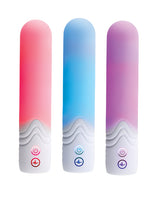 Illumination THE Bullet Vibrator White in three colors: pink, blue, and purple, showcasing elegant design and customizable LED lighting.