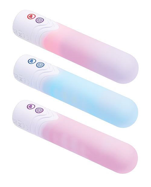 Illumination THE Bullet Vibrator White in three colors: pink, blue, and white, showcasing elegant design and customizable features.