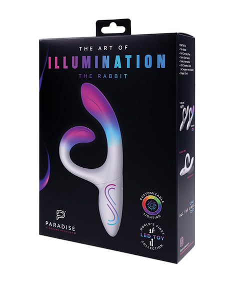 Illumination THE Rabbit Vibrator White packaging showcasing its elegant design and customizable features.