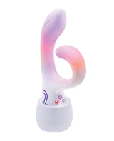 Illumination THE Rabbit Vibrator White with dual stimulation and elegant design, showcasing a modern, colorful aesthetic.