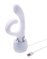 Illumination THE Rabbit Vibrator White charging in its dock with USB cable, showcasing innovative design and dual stimulation features.