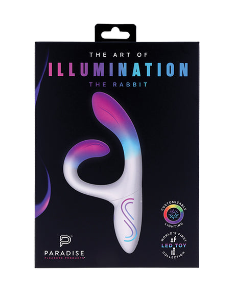 Illumination THE Rabbit Vibrator White packaging showcasing elegant design and customizable lighting features.
