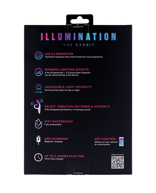 Product features of Illumination THE Rabbit Vibrator White showing LED illumination, dynamic effects, adjustable intensity, and app control.