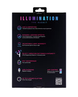 Product features of Illumination THE Rabbit Vibrator White showing LED illumination, dynamic effects, adjustable intensity, and app control.