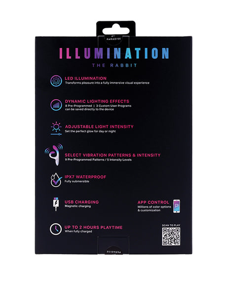 Product features of Illumination THE Rabbit Vibrator White showing LED illumination, dynamic effects, adjustable intensity, and app control.
