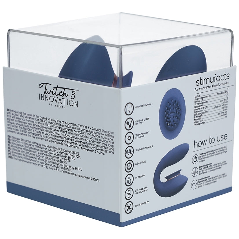 Shots Innovation Twitch 3 Rechargeable Vibrator & Suction Blue packaging displaying product features and usage.