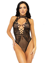 Leg Avenue Net and Lace Keyhole Halter Bodysuit Black featuring a seductive lace design and flattering halter neckline.