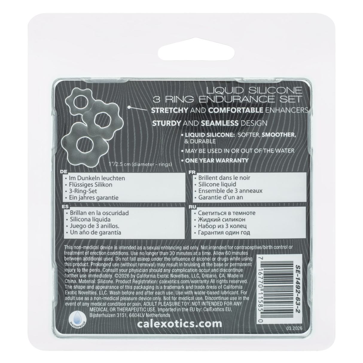 Alpha Liquid Silicone 3 Ring Endurance Set Grey packaging and features description.