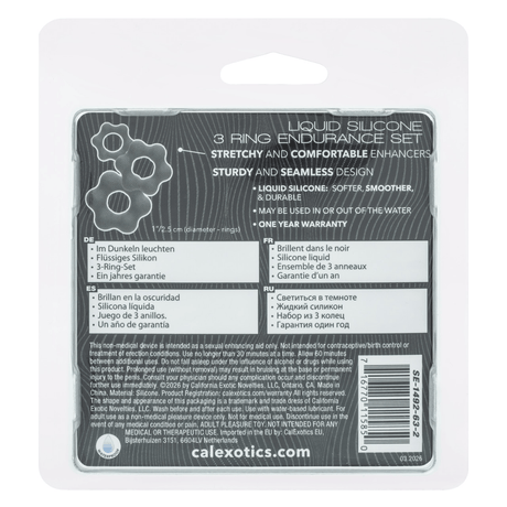 Alpha Liquid Silicone 3 Ring Endurance Set Grey packaging and features description.