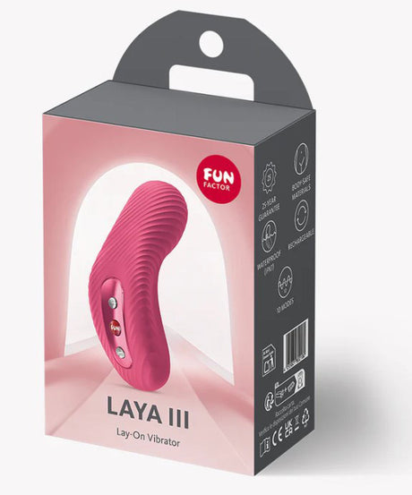 Fun Factory Laya III Lay-on Vibrator Magenta packaging with ergonomic design and vibration controls.