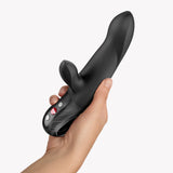 Fun Factory Bi Stronic Arc Vibrator Black held in hand, showcasing its design and controls for a pleasurable experience.