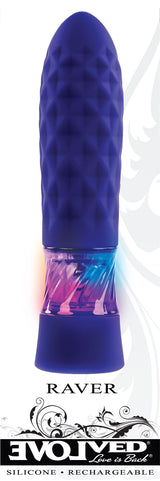 Evolved Raver Light-Up Vibrating Bullet Purple with textured shaft and dynamic LED lights for playful sensations.