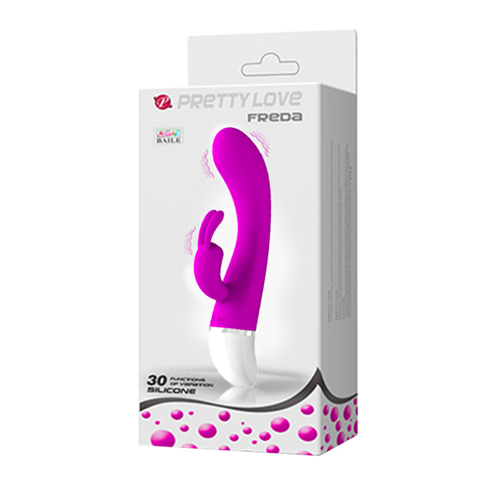 Pretty Love Freda Silicone Rabbit Vibrator Purple in packaging, showcasing its design and features.