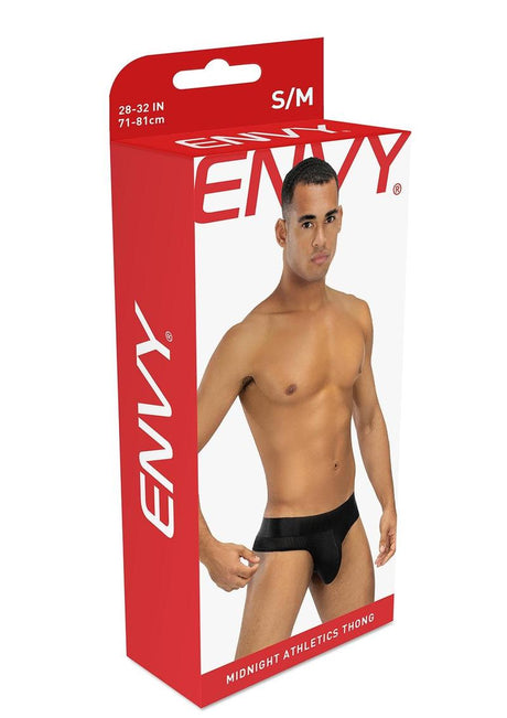 Envy Midnight Athletics Thong Black Small Medium packaging featuring a model showcasing the product design.
