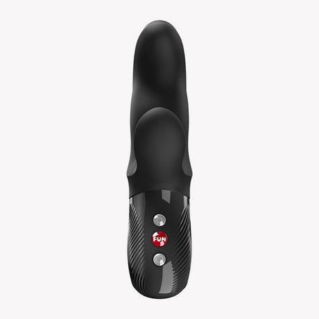 Fun Factory Miss Bi Rabbit Vibrator Black viewed from above, showcasing its ergonomic design and control buttons.