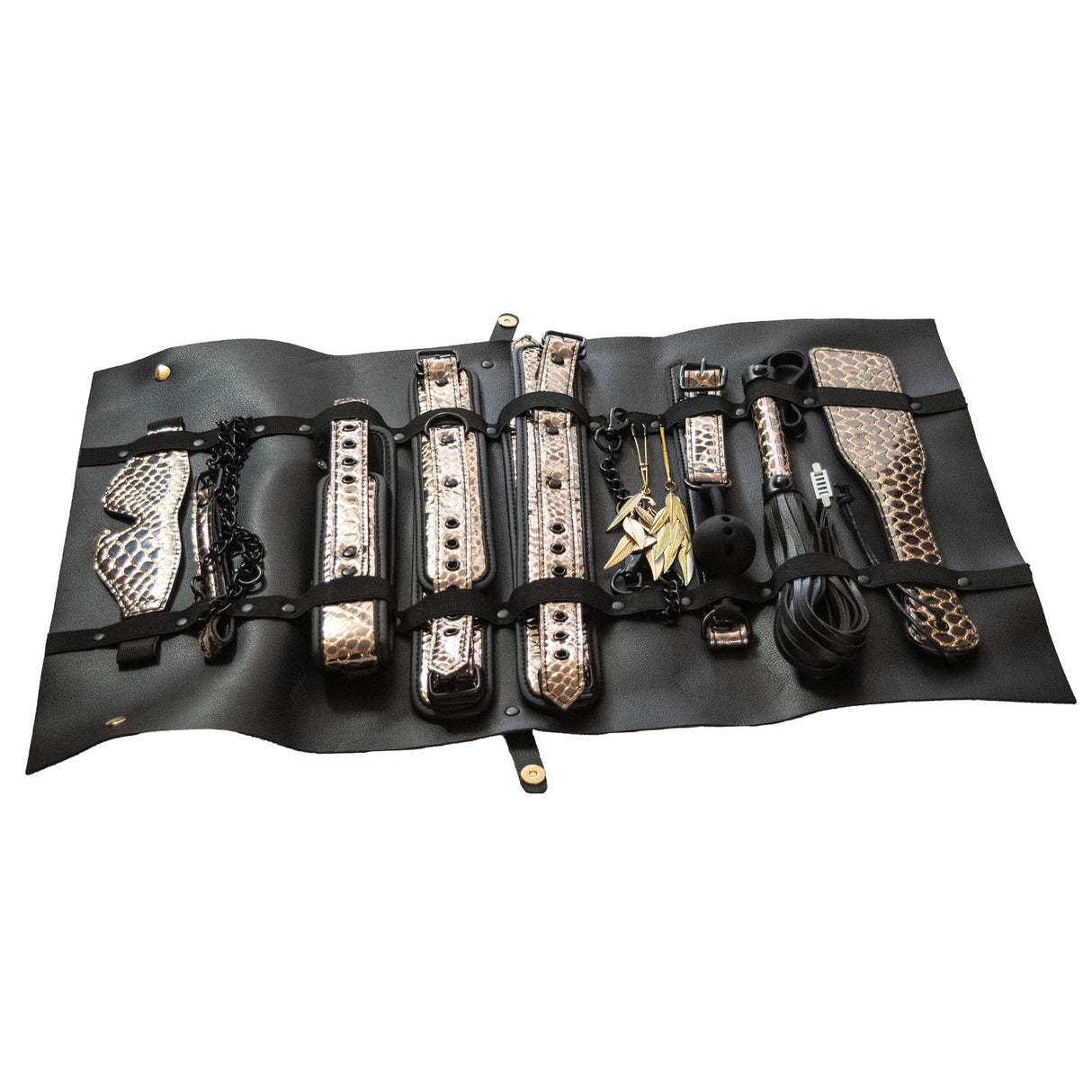 The Traveler 10 Piece Restraint and Bondage Play Kit displayed in a stylish travel case with black and rose gold designs.