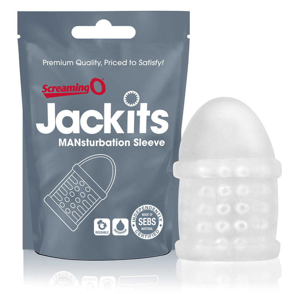 Screaming O Jackits Masturbation Sleeve Clear in packaging with a soft, textured stroker for enhanced solo play.