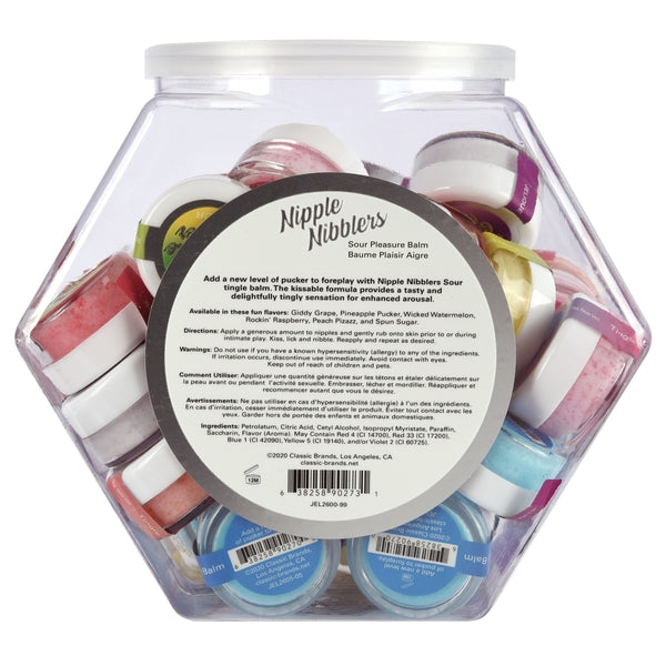 Nipple Nibblers Sour Pleasure Balm Assorted 36 Pc Fishbowl showcasing colorful pots of kissable, flavored balm.