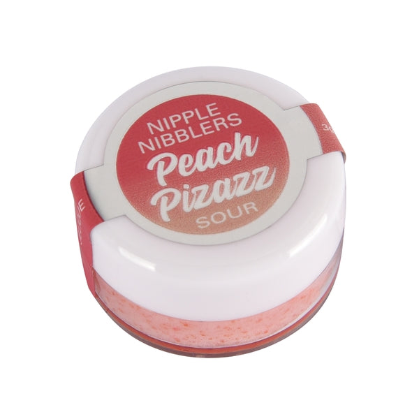 Nipple Nibblers Sour Pleasure Balm Assorted 36 Pc Fishbowl Peach Pizazz flavor pot with vibrant packaging.