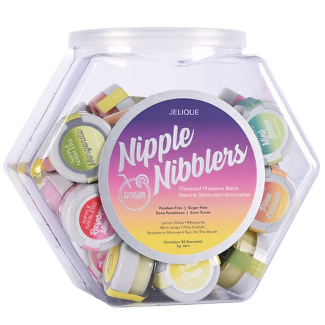 Jelique Nipple Nibblers Cocktail Tingle Balm 36ct Fishbowl with assorted flavored pleasure balms.