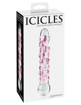 Icicles No 7 Glass Dildo 7 Inch Clear Pink packaging displaying a hand-blown glass massager.