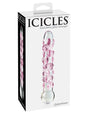 Icicles No 7 Glass Dildo 7 Inch Clear Pink packaging displaying a hand-blown glass massager.